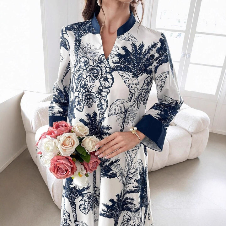Women's maxi dress in satin look with palm print, stand-up collar and wide 3/4 sleeves Mune Fashion