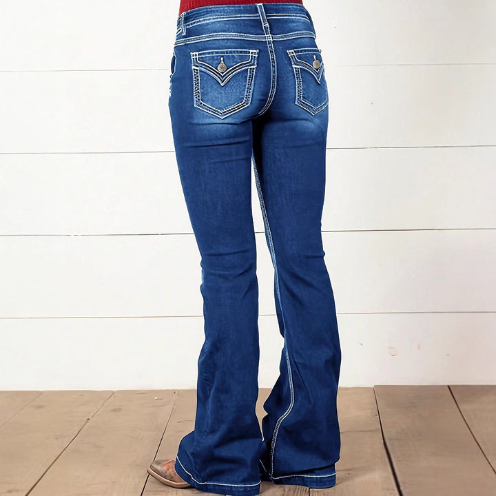 Ladies' Waist-Cinched Bootcut Jeans with Decorative Button Appliqué and Contrast Stitching Mune Fashion
