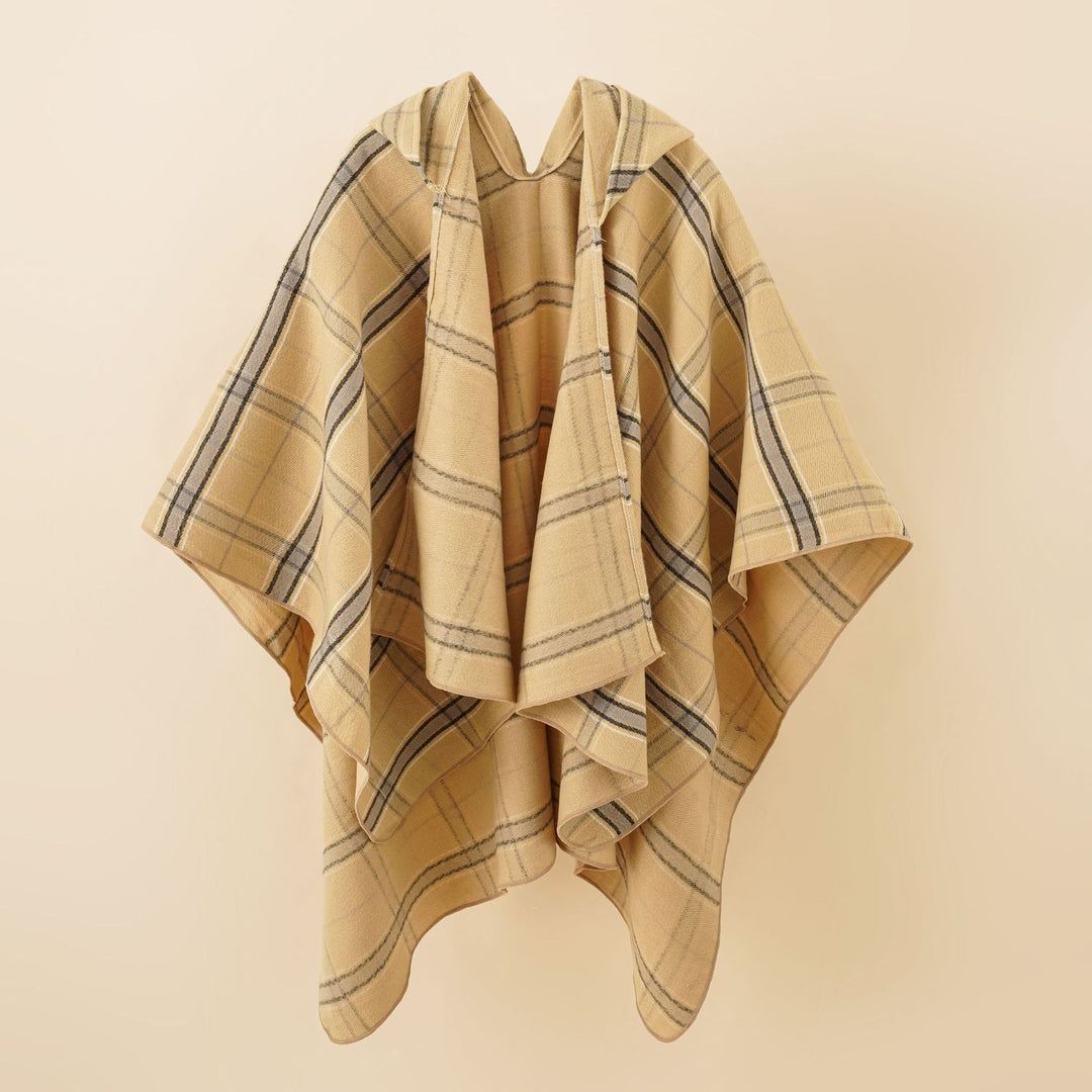 Ladies' hooded poncho with plaid pattern, softly draping wool blend and open oversized fit