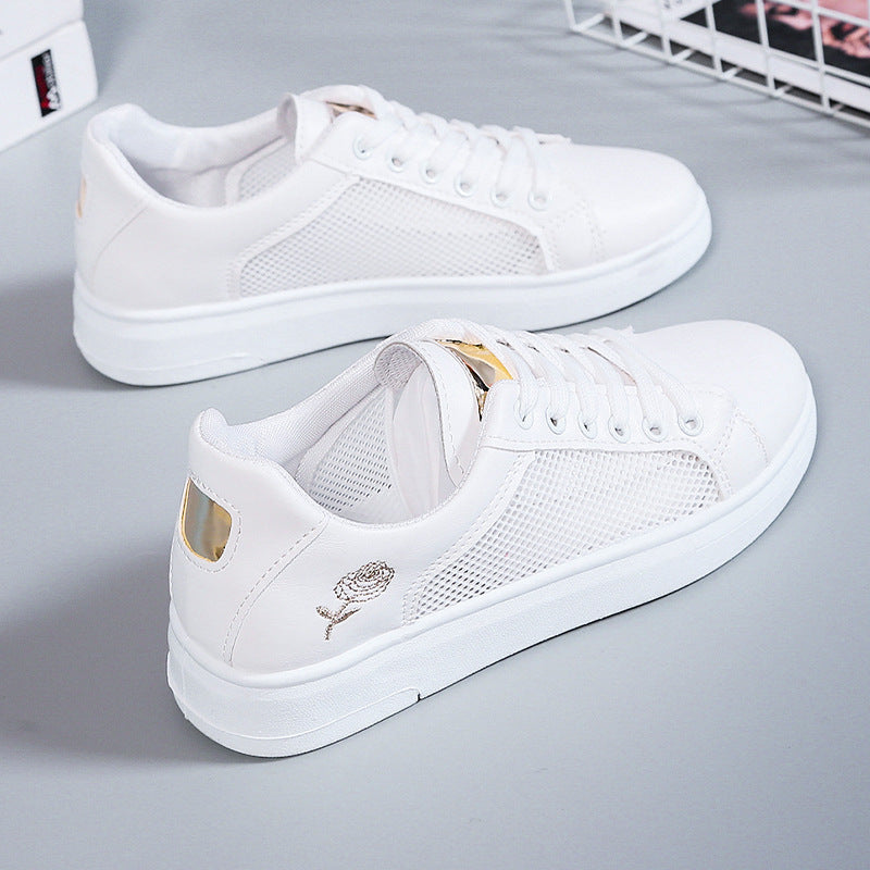 Women's casual urban sneakers with subtle rose embroidery, elevated wedge sole profile and padded comfort insole Mune Fashion