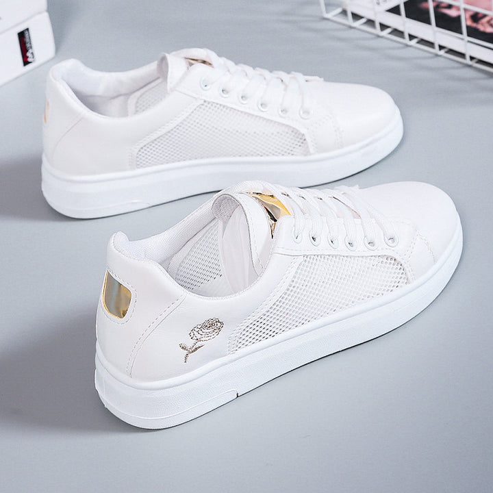 Women's casual urban sneakers with subtle rose embroidery, elevated wedge sole profile and padded comfort insole Mune Fashion