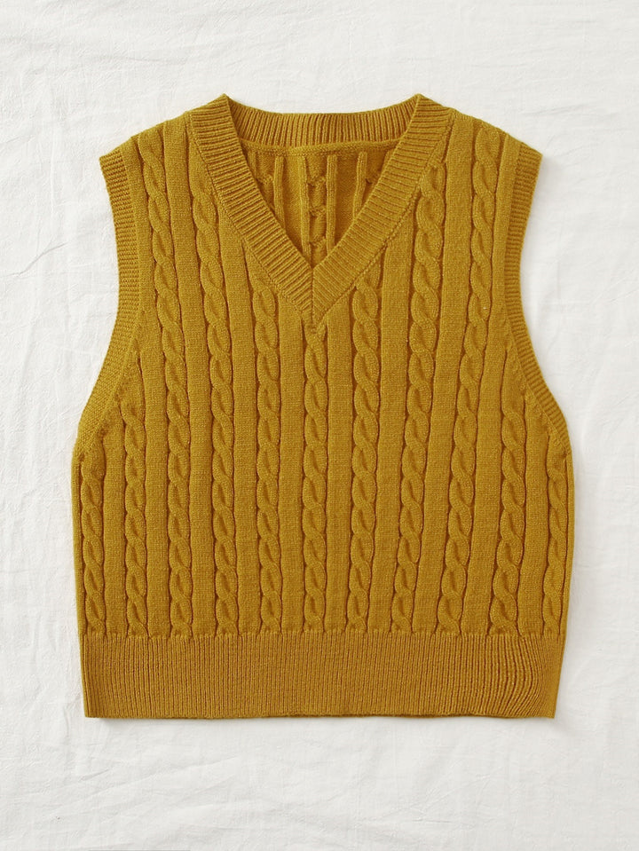 Women Knitted Sleeveless Cable Knit Sweater Vest with V-Neck Mune Fashion