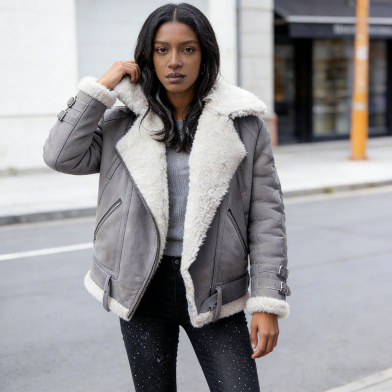 Ladies fluffy biker jacket with teddy lining and buckle trim Mune Fashion