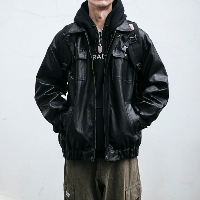 Men's Oversized Leather Look Utility Jacket with Flap Pockets and Elastic Hem Mune Fashion