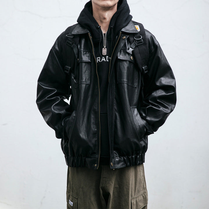 Men's Oversized Leather Look Utility Jacket with Flap Pockets and Elastic Hem Mune Fashion