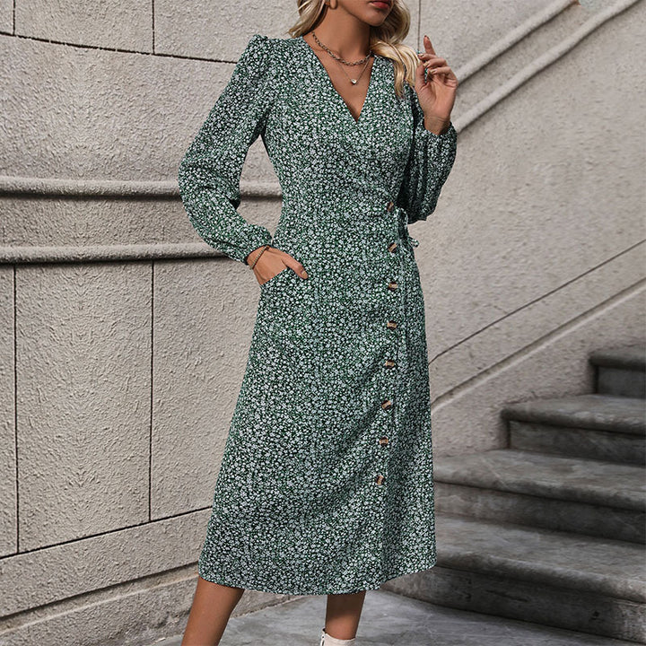 Women Floral Wrap Midi Dress with Asymmetrical Button Placket and Gathered Waist Mune Fashion