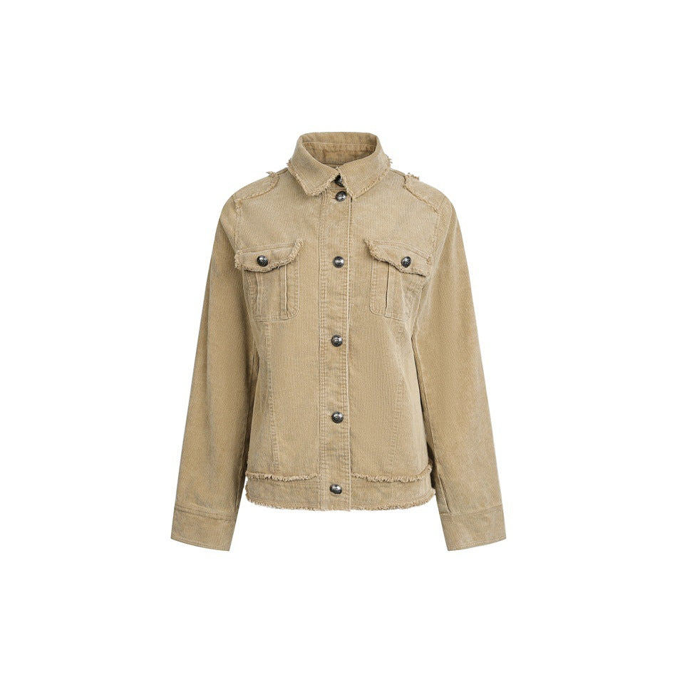 Women's short cord jacket with fringing, shirt collar and flap pockets Mune Fashion