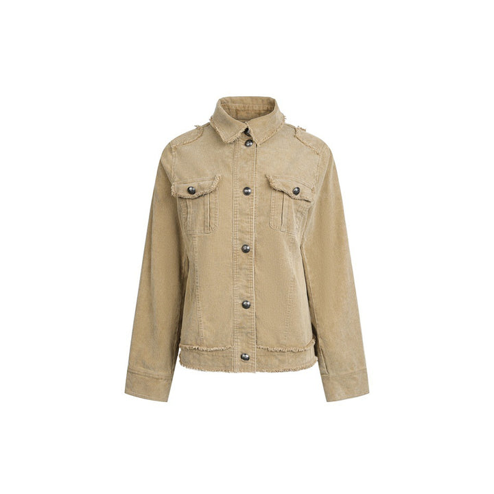 Women's short cord jacket with fringing, shirt collar and flap pockets Mune Fashion
