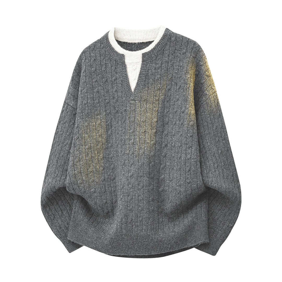 Women's Oversize Cable Knit Sweater with V-Neck and Layered Collar Mune Fashion