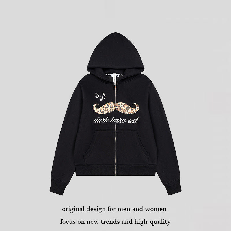 Women's hooded sweatshirt jacket with full zip, kangaroo pockets and playful leopard mustache print Mune Fashion