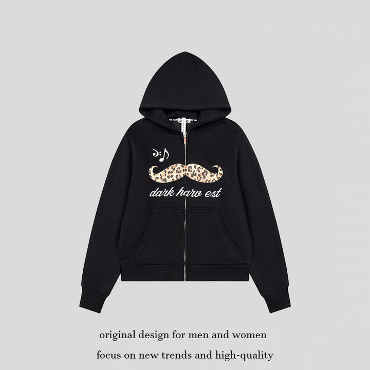 Women's hooded sweatshirt jacket with full zip, kangaroo pockets and playful leopard mustache print Mune Fashion