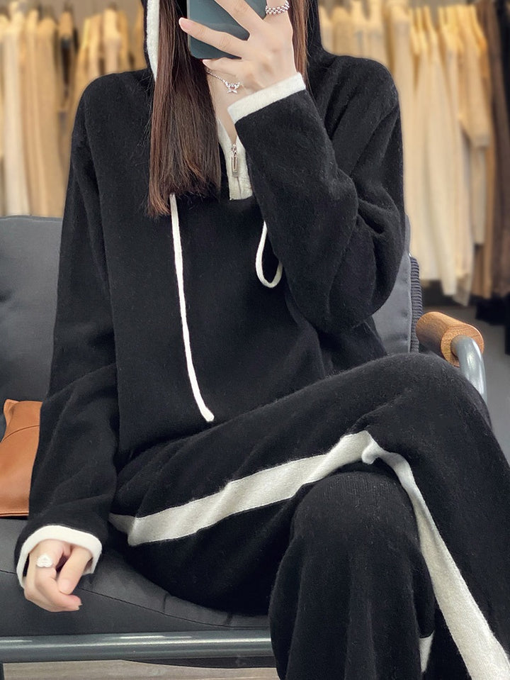 Women's Knit Relax Set with Hood, Wide Leg and Side Contrast Stripe Mune Fashion