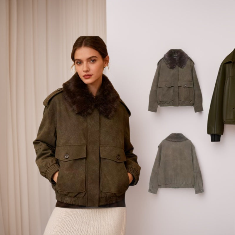 Women’s short jacket in suede look with removable fur collar and flap pockets Mune Fashion