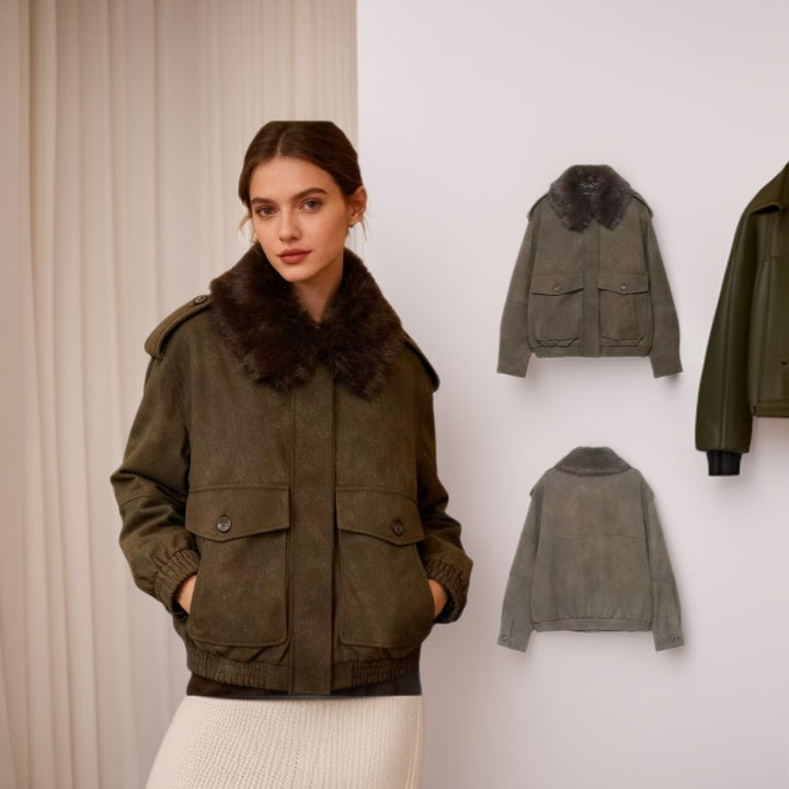 Women’s short jacket in suede look with removable fur collar and flap pockets Mune Fashion