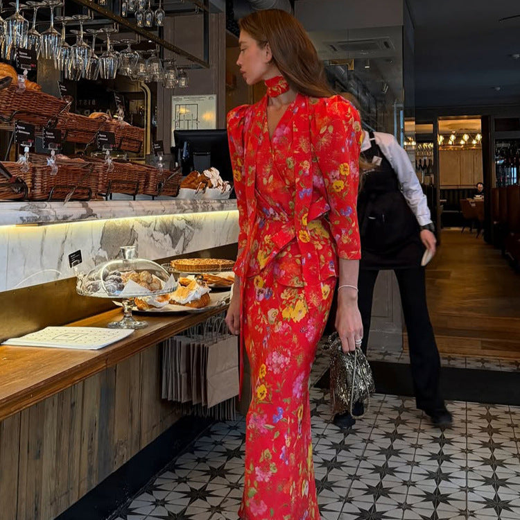 Women's Wrap Maxi Dress with Floral Print, Puff Sleeves and Shawl Collar Mune Fashion