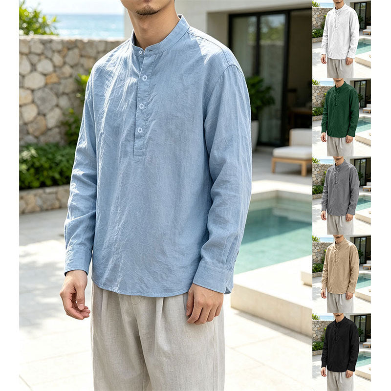 Men's Linen Blend Long Sleeve Henley Shirt with Stand Collar Mune Fashion