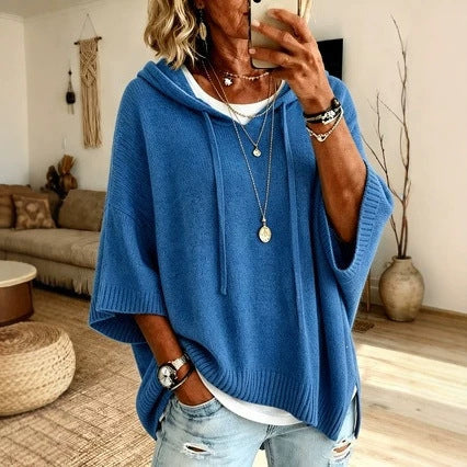 Ladies Oversized Knit Poncho with Hood, Batwing Sleeves and Side Slits Mune Fashion