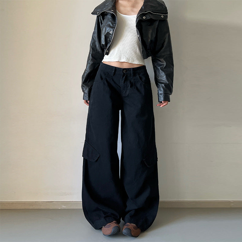 Women's Floor-Length Utility Palazzo Pants in Heavy Twill with Side Flap Pockets Mune Fashion