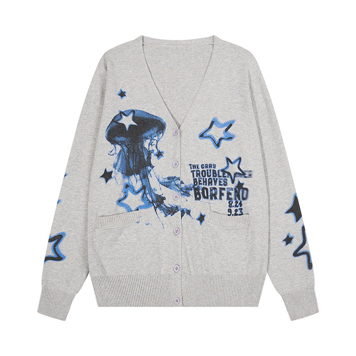 Women's Button-Up V-Neck Cardigan with Allover Print, Side Pockets and Ribbed Hem