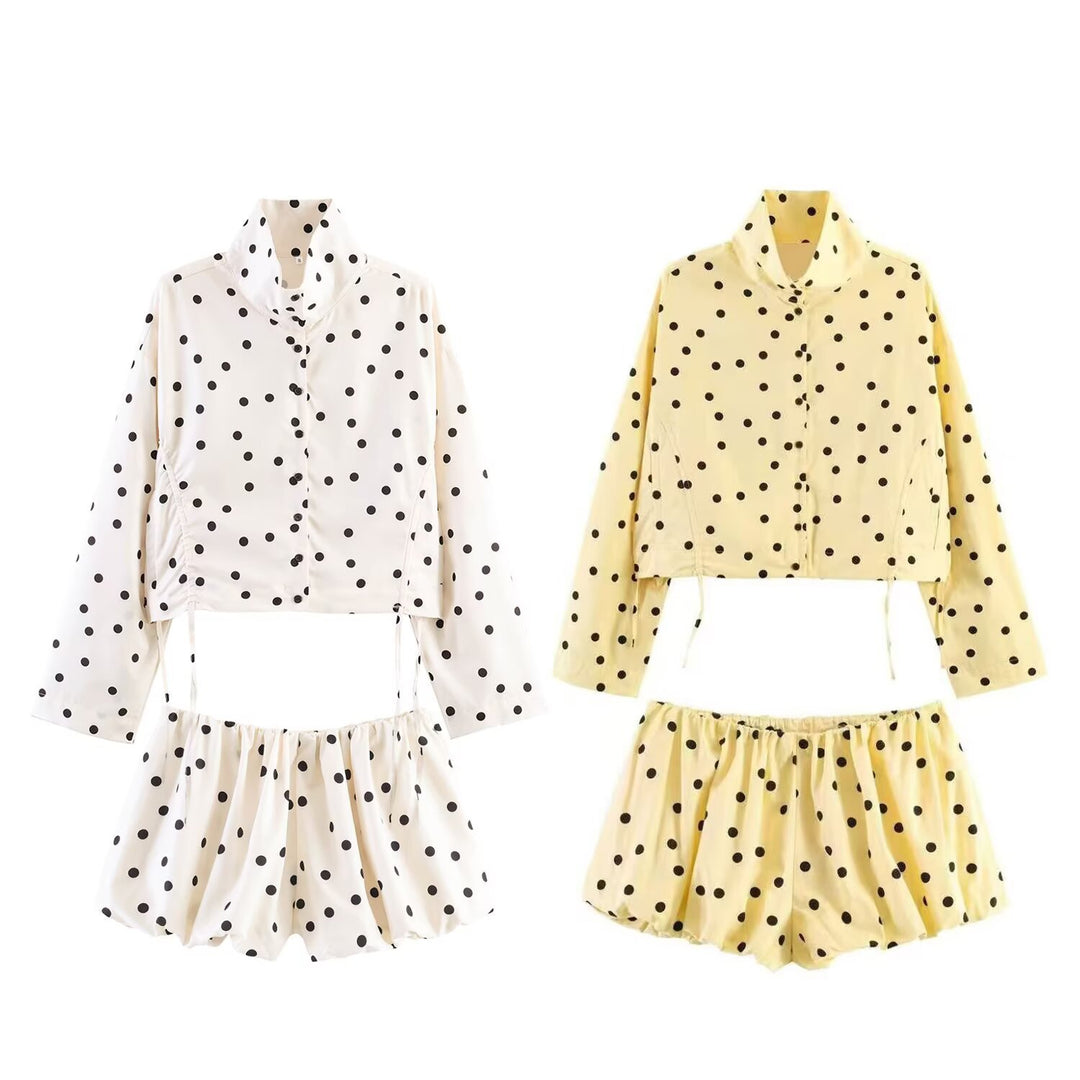 Women's Polka Dot Cropped Utility Jacket with Stand Collar and Drawstring Mune Fashion
