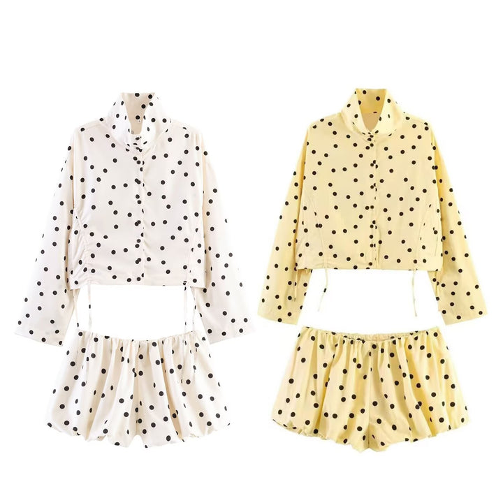 Women's Polka Dot Cropped Utility Jacket with Stand Collar and Drawstring Mune Fashion