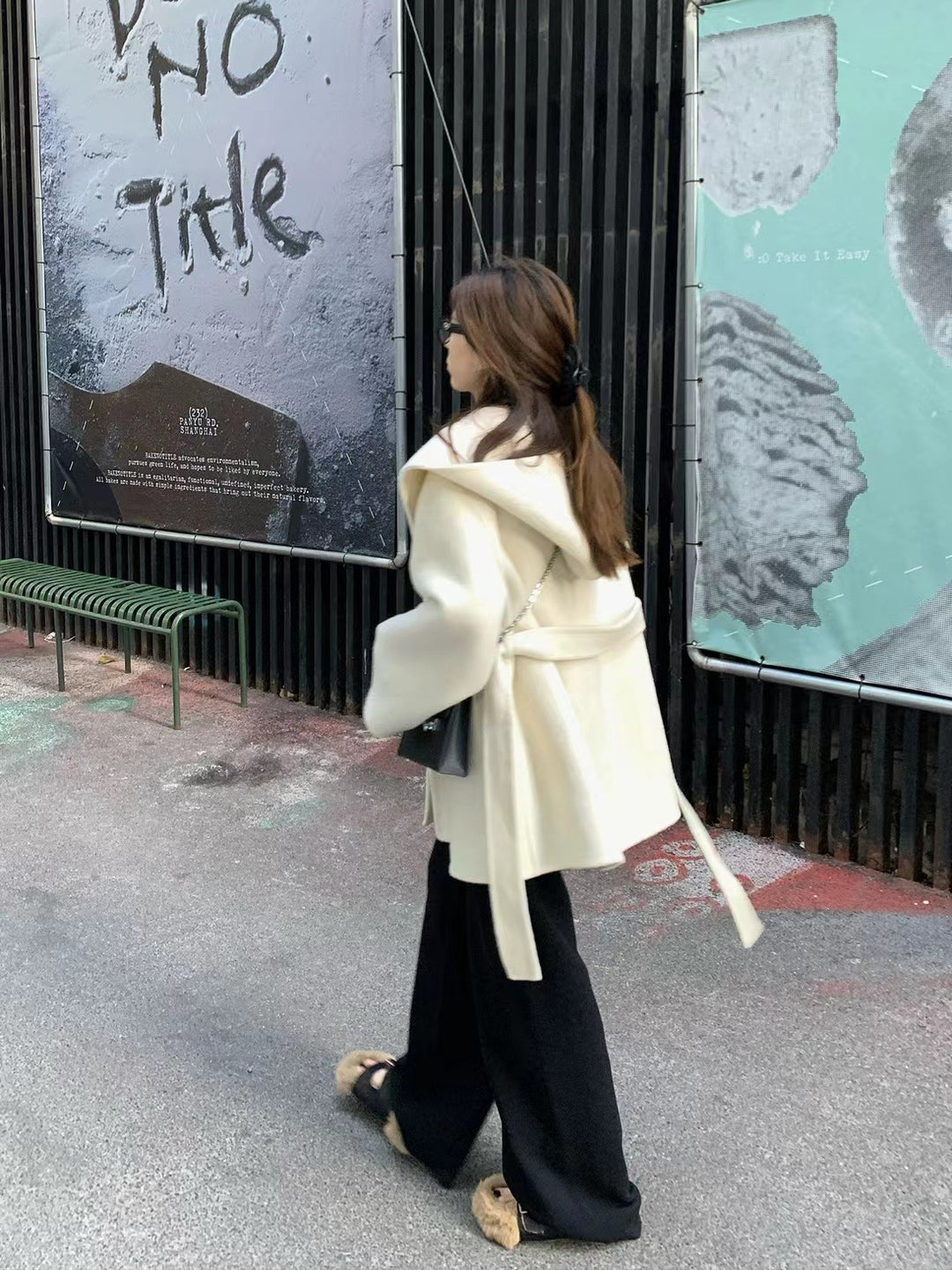 Women's Oversized Wool Coat with Hood and Waist Belt Mune Fashion