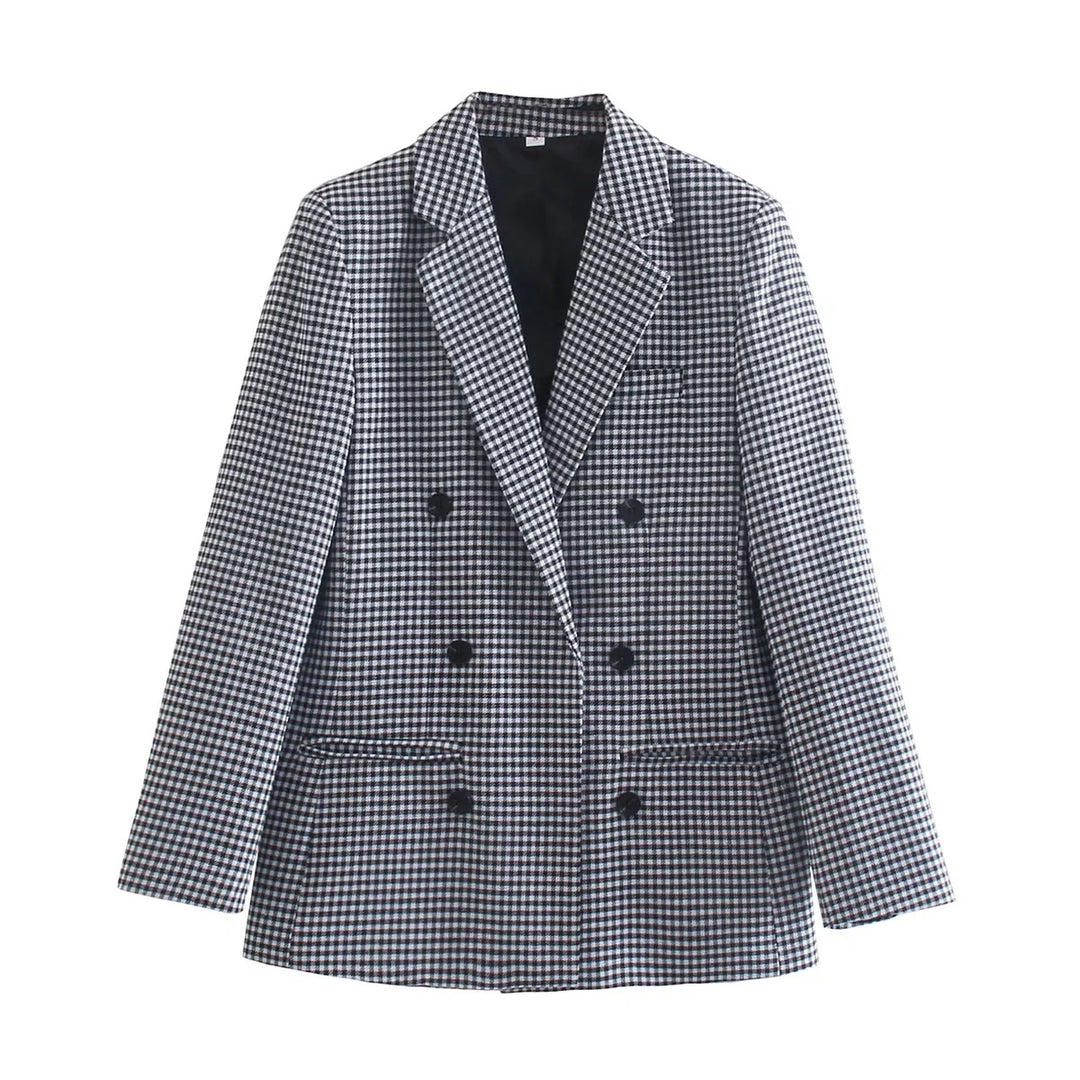 Women's Double-Breasted Houndstooth Blazer with Oversized Cut and Lapel Collar Mune Fashion