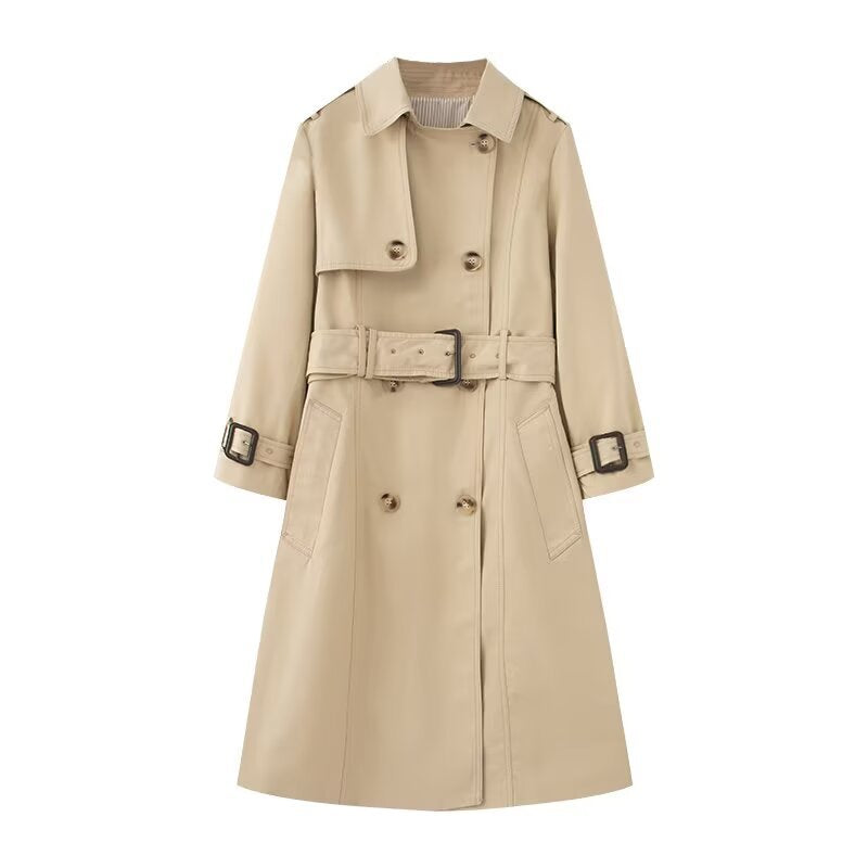 Women's Longer tailored trench coat with double-breasted button placket, waist belt, and sleeve tab Mune Fashion