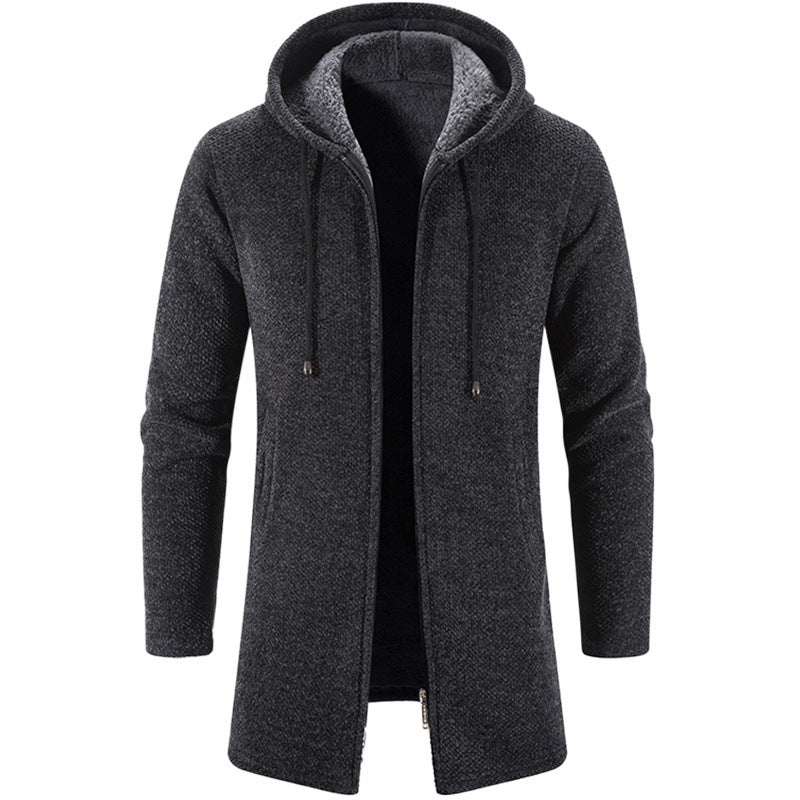 Men's longer hooded knit coat with teddy lining, full zipper and side pockets Mune Fashion