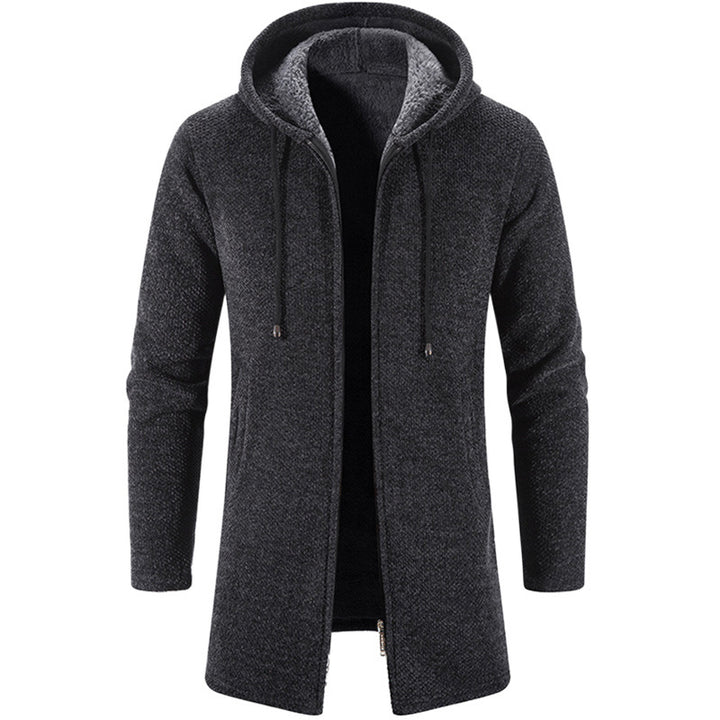 Men's longer hooded knit coat with teddy lining, full zipper and side pockets Mune Fashion