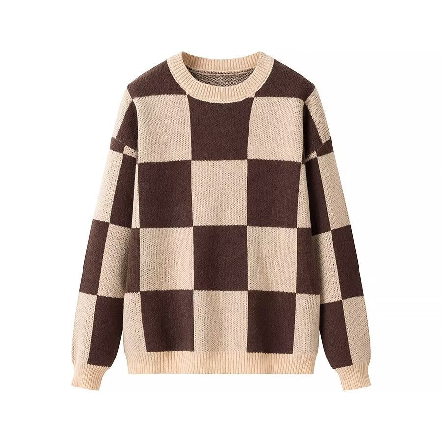 Women's Oversize Knit Sweater with Large Check Pattern and Ribbed Hem Mune Fashion