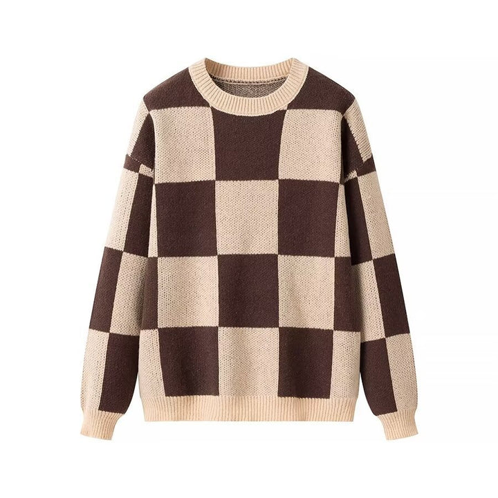 Women's Oversize Knit Sweater with Large Check Pattern and Ribbed Hem Mune Fashion