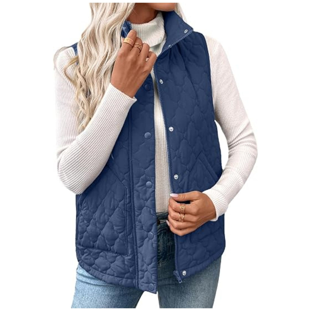 Women's quilted stand collar vest with zipper and snap buttons Mune Fashion