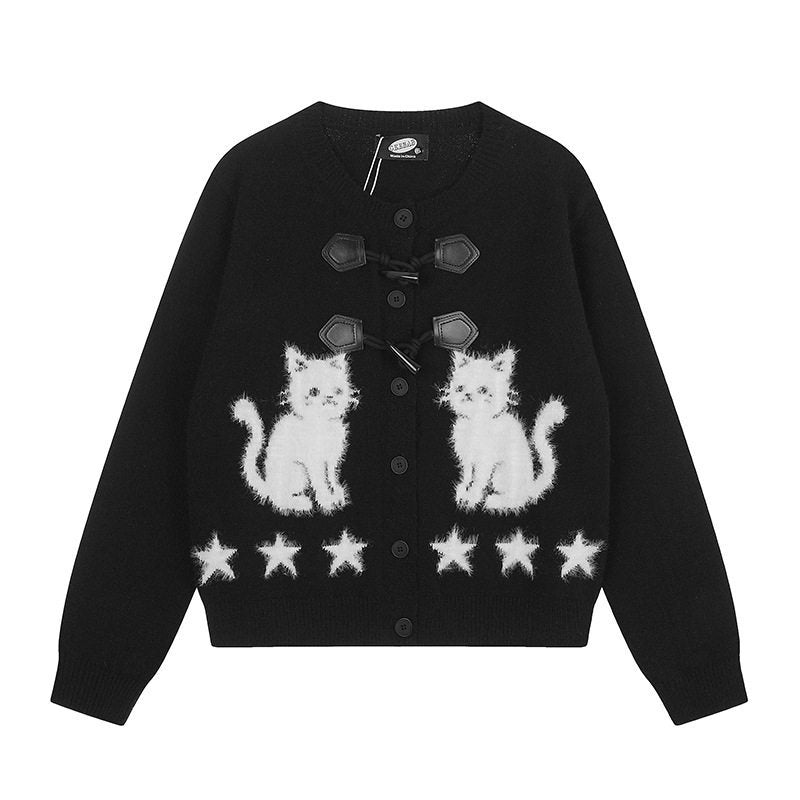 Women's cardigan with cat jacquard, decorative toggle closure and star trim Mune Fashion