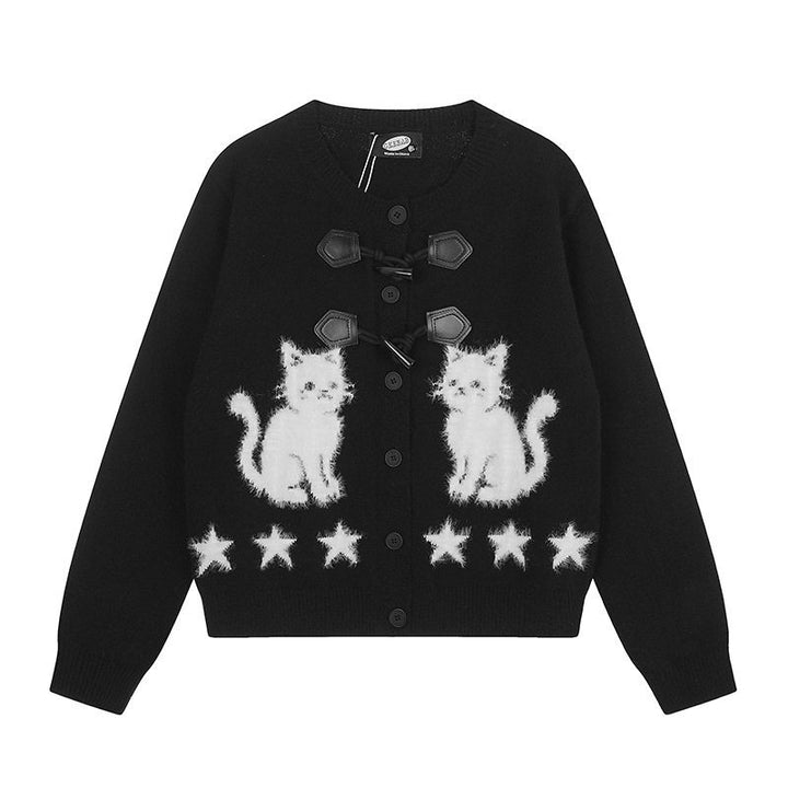 Women's cardigan with cat jacquard, decorative toggle closure and star trim Mune Fashion