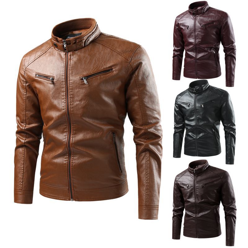 Men's Fashionable Faux Leather Jacket with Stand-Up Collar and Practical Pockets Mune Fashion
