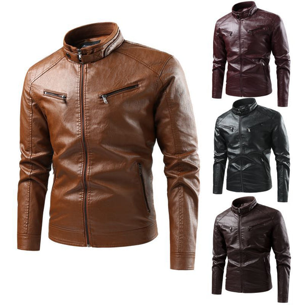 Men's Fashionable Faux Leather Jacket with Stand-Up Collar and Practical Pockets Mune Fashion