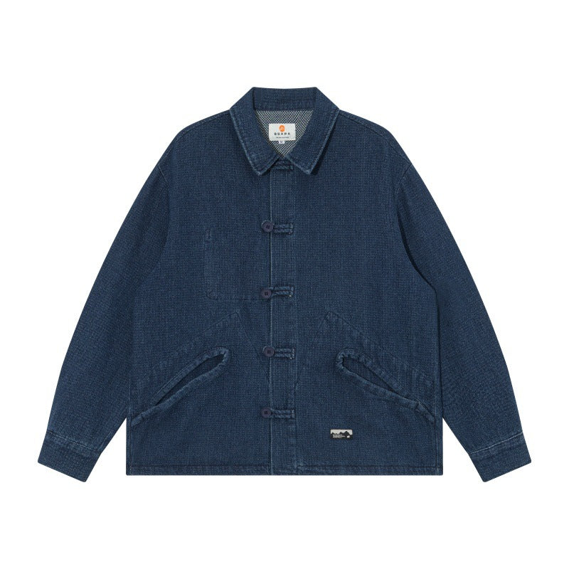 Men's short-cut denim chore jacket in boxy blouson style with Chinese toggle button placket Mune Fashion