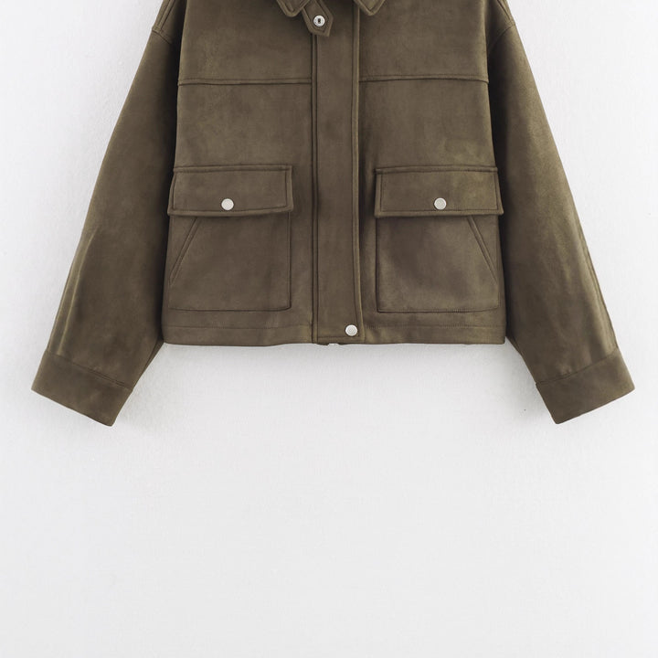 Women's Short Cut Suede Look Utility Jacket with Flap Pockets Mune Fashion