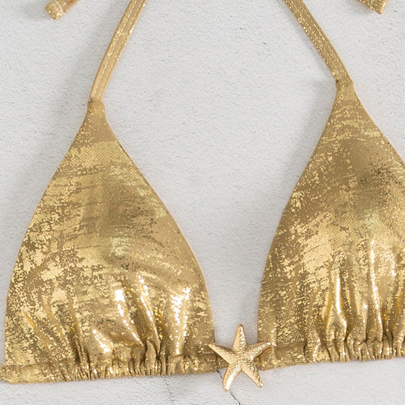 Women's Triangle Bikini Set with Shiny Accents and Adjustable Straps Mune Fashion