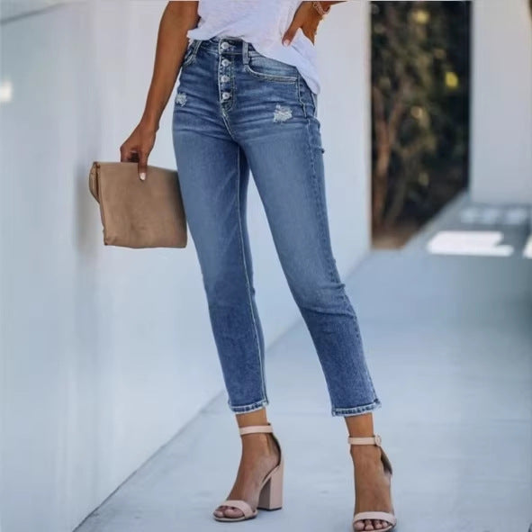 Women's High-Waisted Slim Jeans with Visible Button Placket and Ankle-Length Fit Mune Fashion