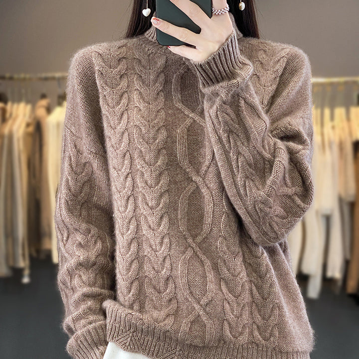 Women's Oversize Cable Knit Sweater with Mohair Look and Ribbed Cuffs Mune Fashion