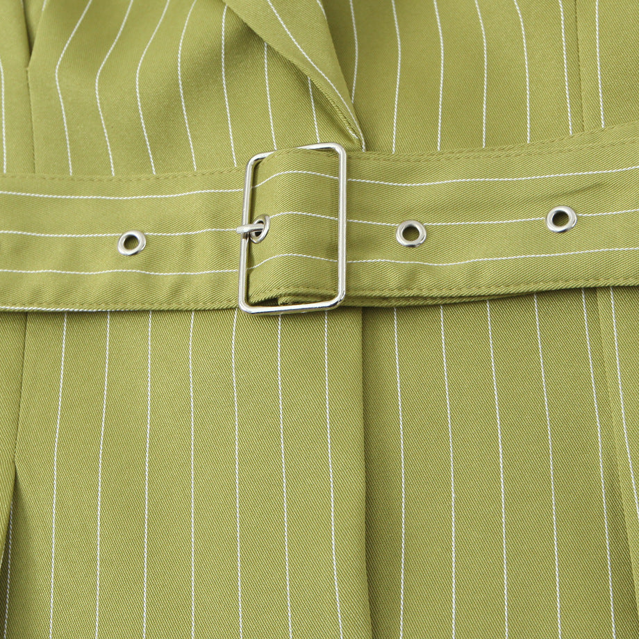 Women's Tailored Cropped Blazer with Pinstripes, Wide Tie Belt and Deep Lapel Mune Fashion