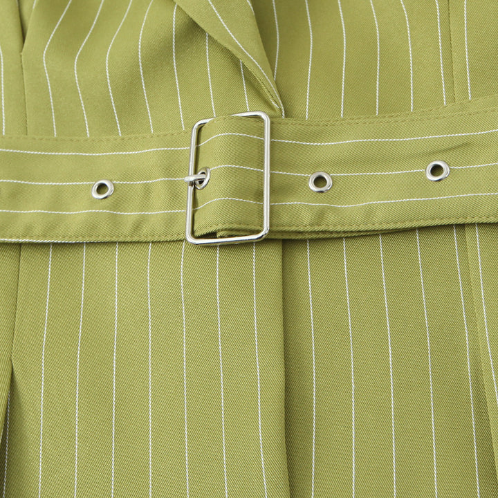 Women's Tailored Cropped Blazer with Pinstripes, Wide Tie Belt and Deep Lapel Mune Fashion