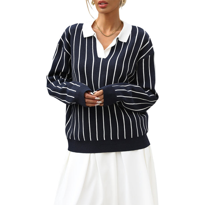 Women's Fashionable Sweater with Polo Collar and Striped Design Mune Fashion