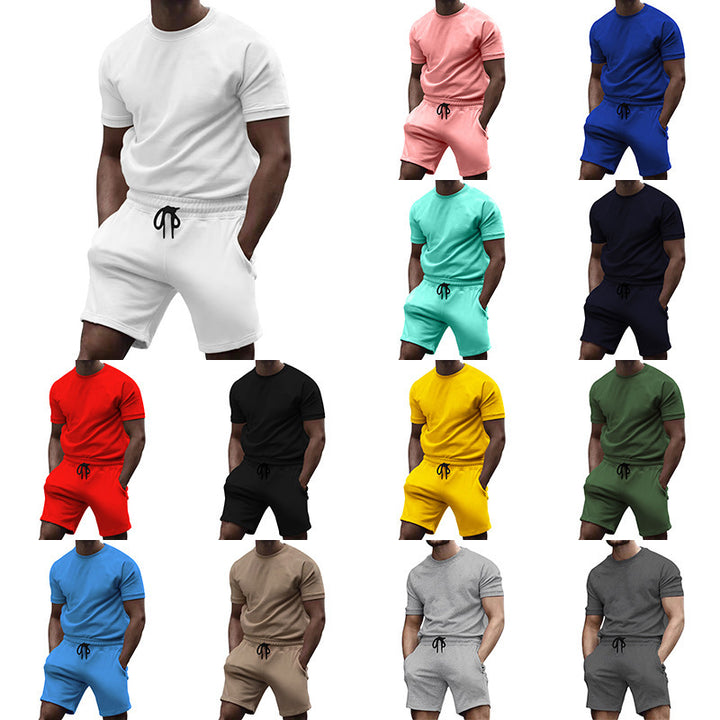 Men's short-sleeve sweat set made of soft sweatshirt fabric with a round neck shirt and drawstring shorts Mune Fashion