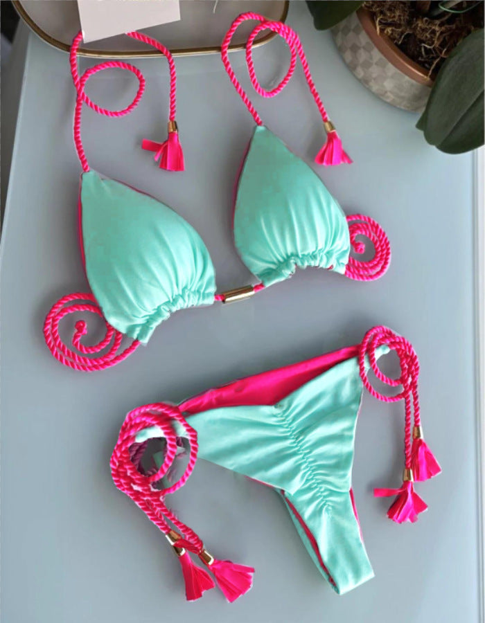 Ladies' triangle bikini with trendy leopard pattern and decorative tassels Mune Fashion