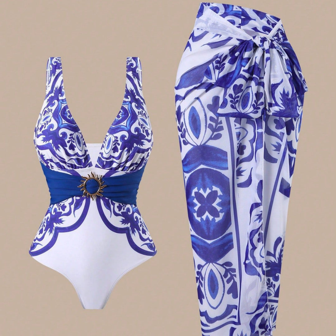 Women One-Piece Swimsuit with Fashionable Wrap Skirt Mune Fashion