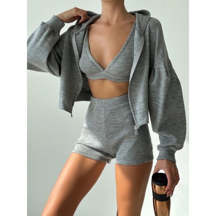 Women's short ribbed lounge set with hooded zip jacket and high-waist shorts Mune Fashion