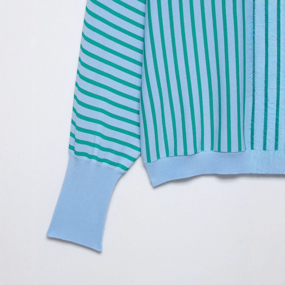 Women's Striped Cropped Fine Knit Sweater with Extended Cuffs Mune Fashion